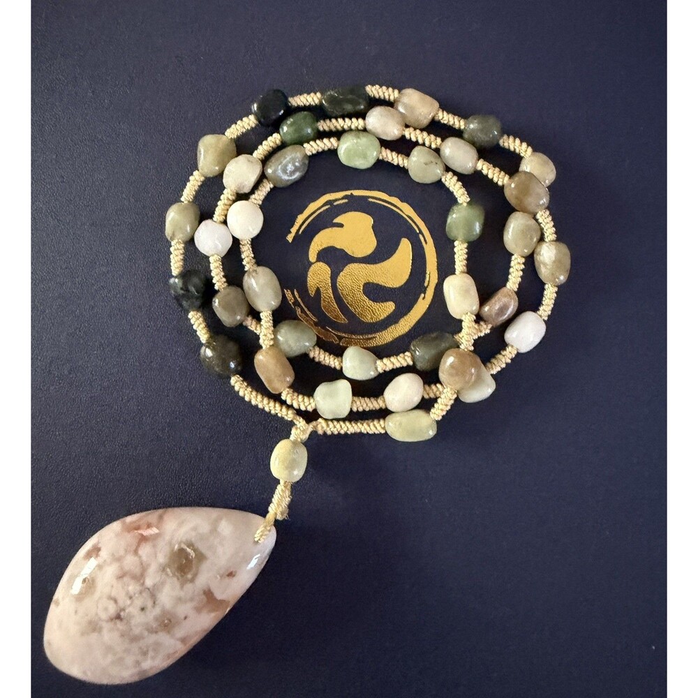 Jade Necklace w/ Hand Knotted Natural Stone Beads, Large Quartz Pendant